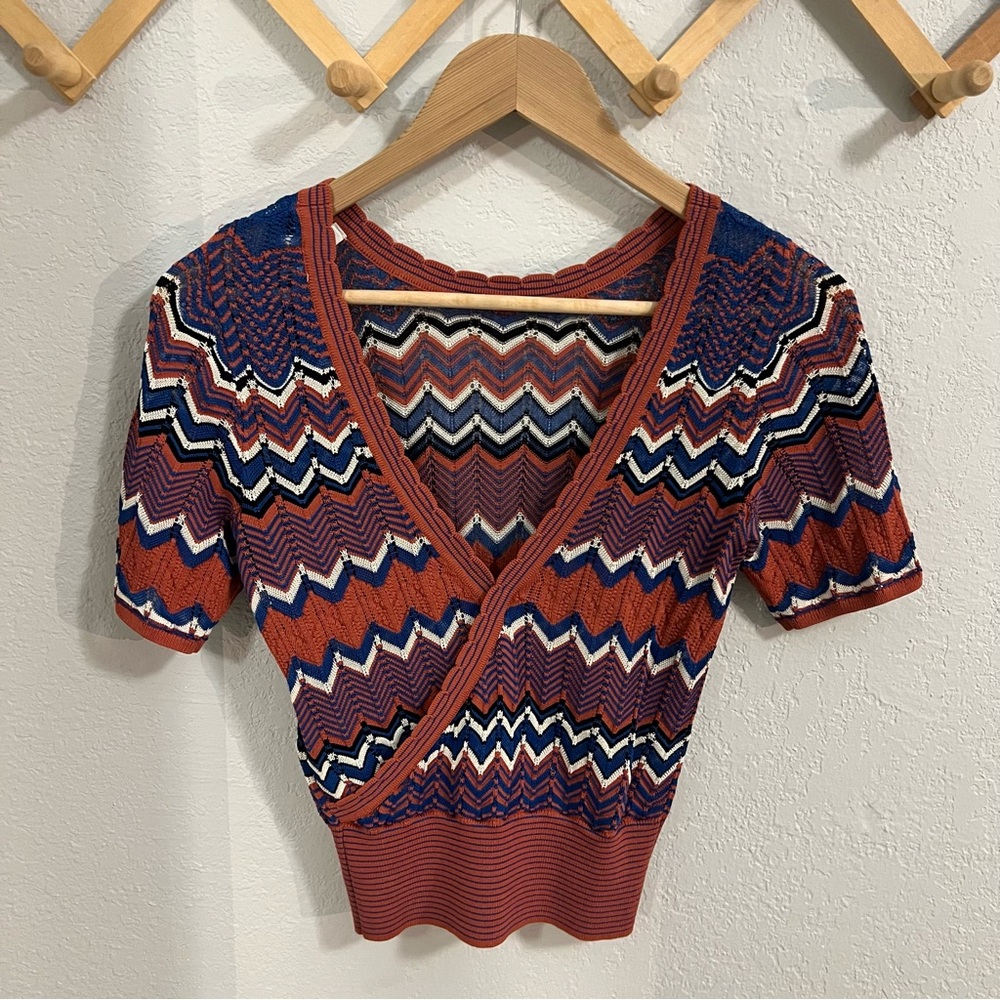Sandro Paris Zig Zag Stripe Cropped Knit Top 0 XS Excellent Preowned Condition